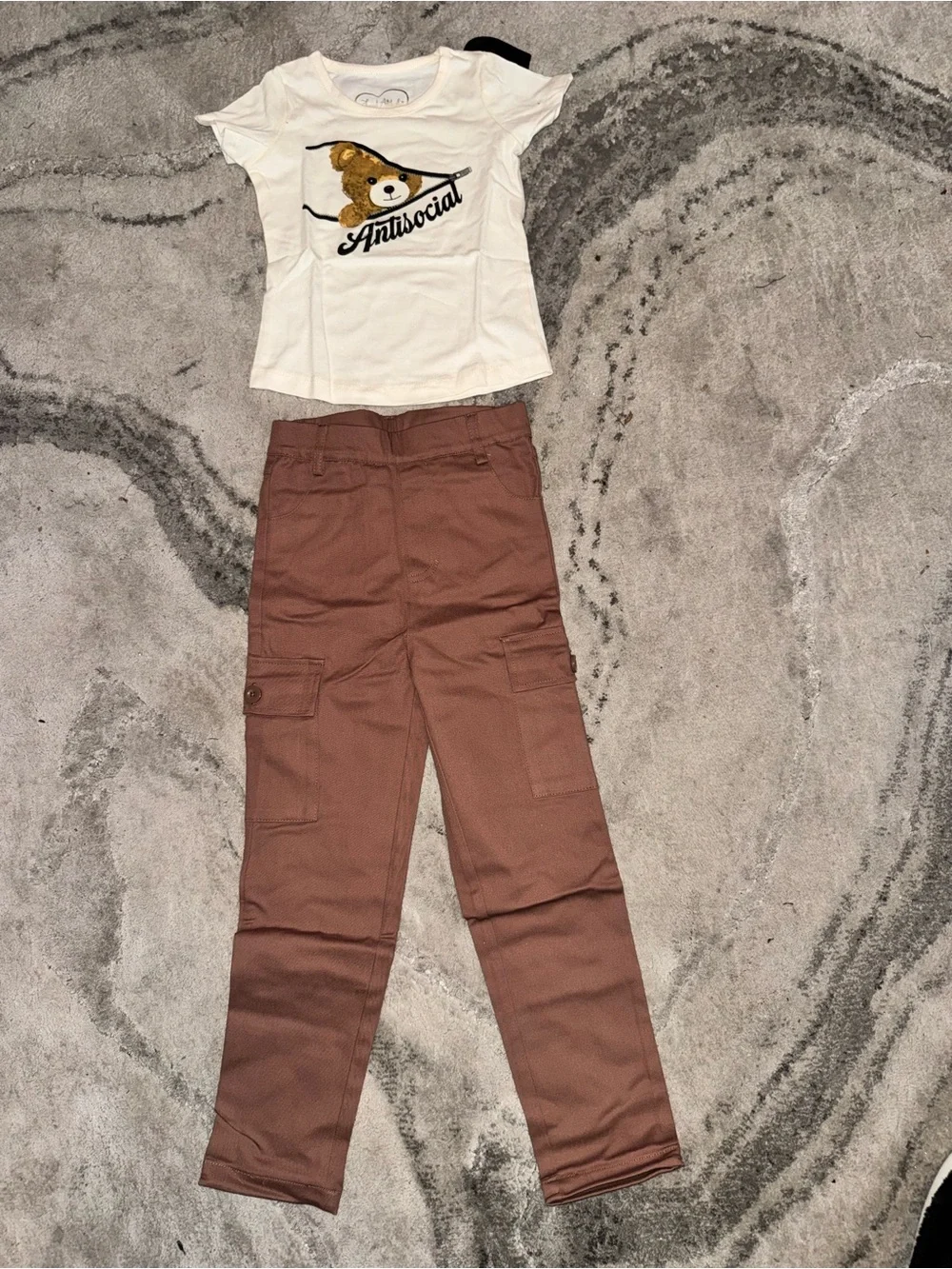 Fashion Nova Kids Cream Graphic Tee and Brown Cargo Pants Set